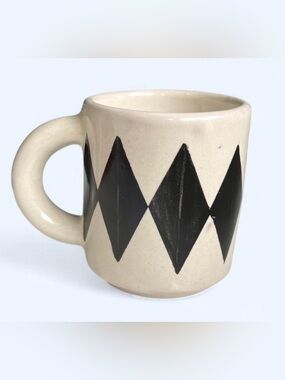 Handmade Ceramic Diamond-Pattern Argyle Coffee Mug Black and Cream Boho